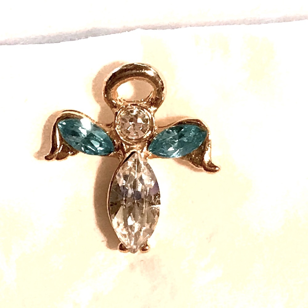 Guardian Angel lapel pin. March’s birthstone Aquamarine Swarovski crystals